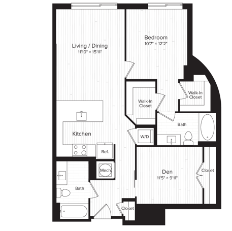 Floor plan for 1 bed, 1 bath, 977 sqft